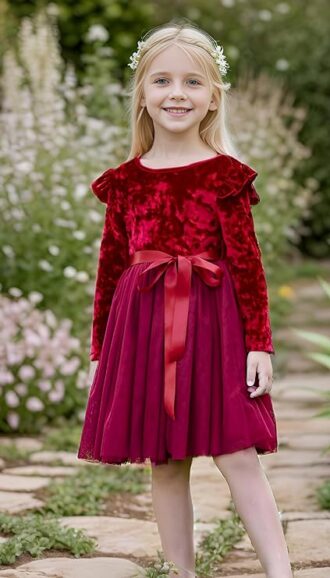 VESTIDO DE TERCIOPELO CON VOLANTES PARA NINAS PEQUENAS COLOR VINO