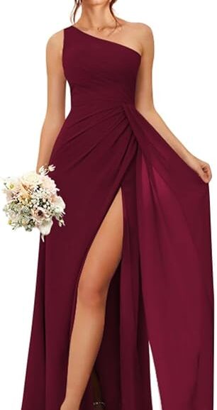 VESTIDO FORMAL DE DAMA DE HONOR CON UN HOMBRO BORGOÑA
