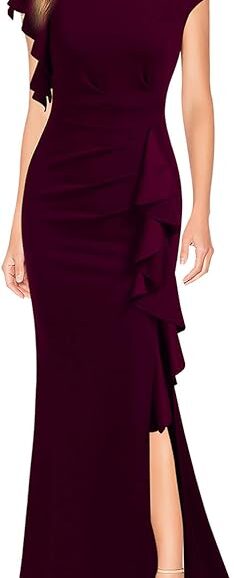 VESTIDO LARGO DE COCTEL ESTILO SIRENA CON ABERTURA COLOR VINO