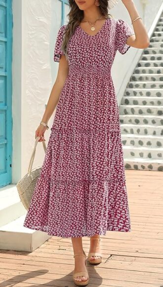 VESTIDO LARGO DE VERANO MANGA CORTA CUELLO EN V-1