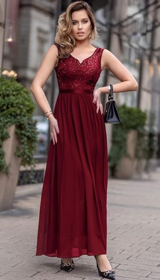 VESTIDO LARGO FORMAL COLOR VINO NOCHE CUELLO V PROFUNDO