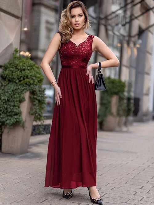 VESTIDO LARGO FORMAL COLOR VINO NOCHE CUELLO V PROFUNDO