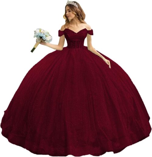 Vestido de quinceañera con hombros descubiertos y corset